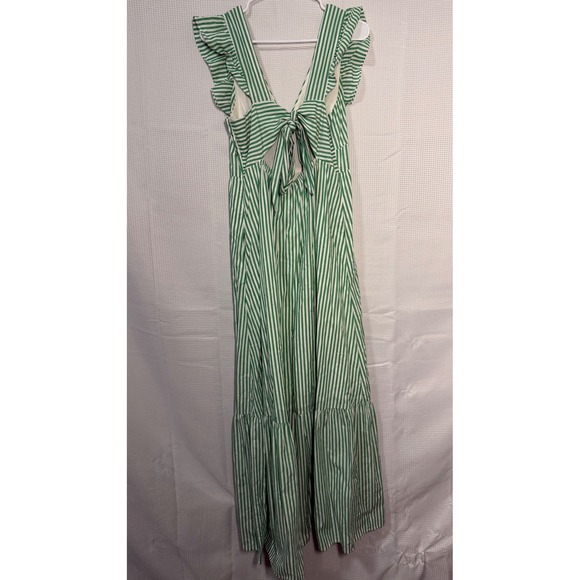 NWT Skies Are Blue Striped Maxi Dress Ruffle V Neck Tie Back Green White M - Picture 2 of 4